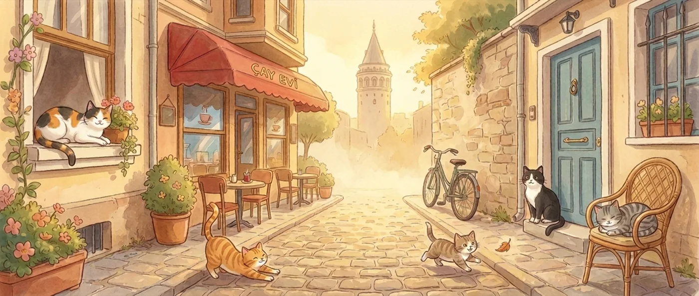 A storybook illustration of an Istanbul street full of happy street cats, Galata Tower in the distance