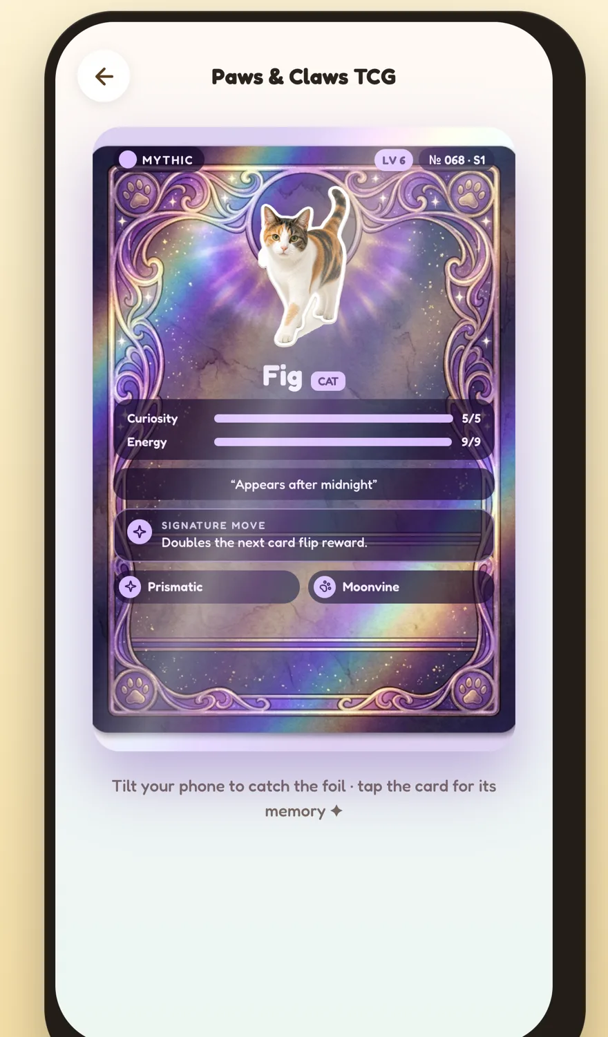 A Mythic holographic card of Fig the calico cat