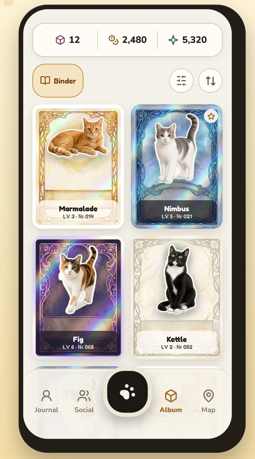 The album binder with Marmalade, Nimbus, Fig and Kettle cards