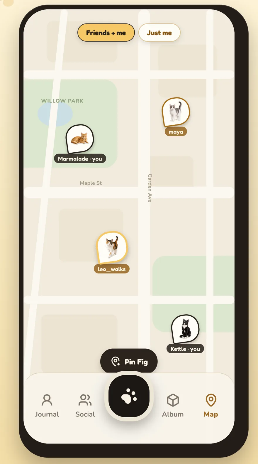 A map dotted with pet-face pins from you and your friends