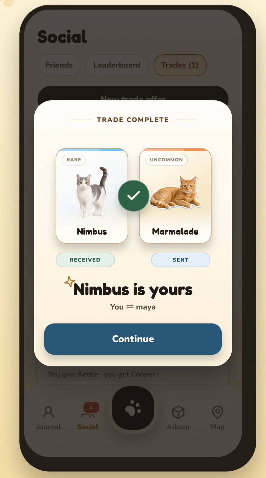 A completed trade — Nimbus received, Marmalade sent