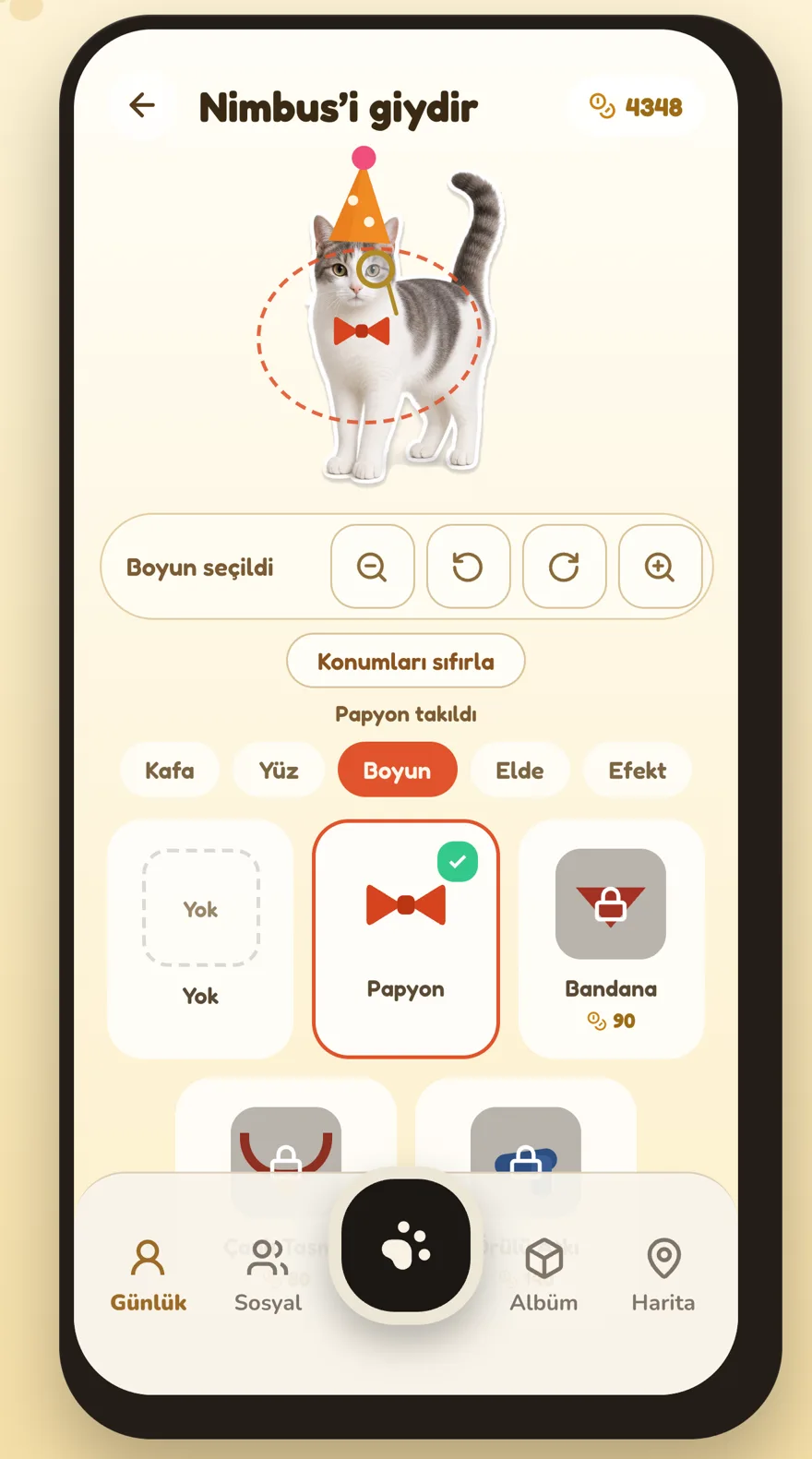 Nimbus'a parti şapkası, monokl ve papyon giydirme ekranı